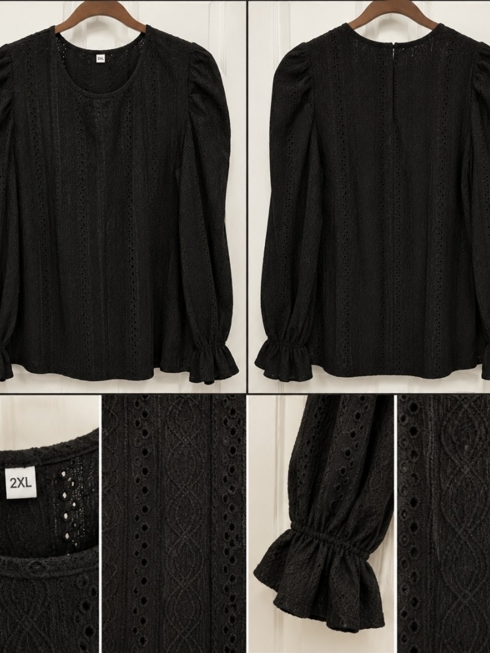 Black Eyelet Puff-Sleeve Blouse - 2XL